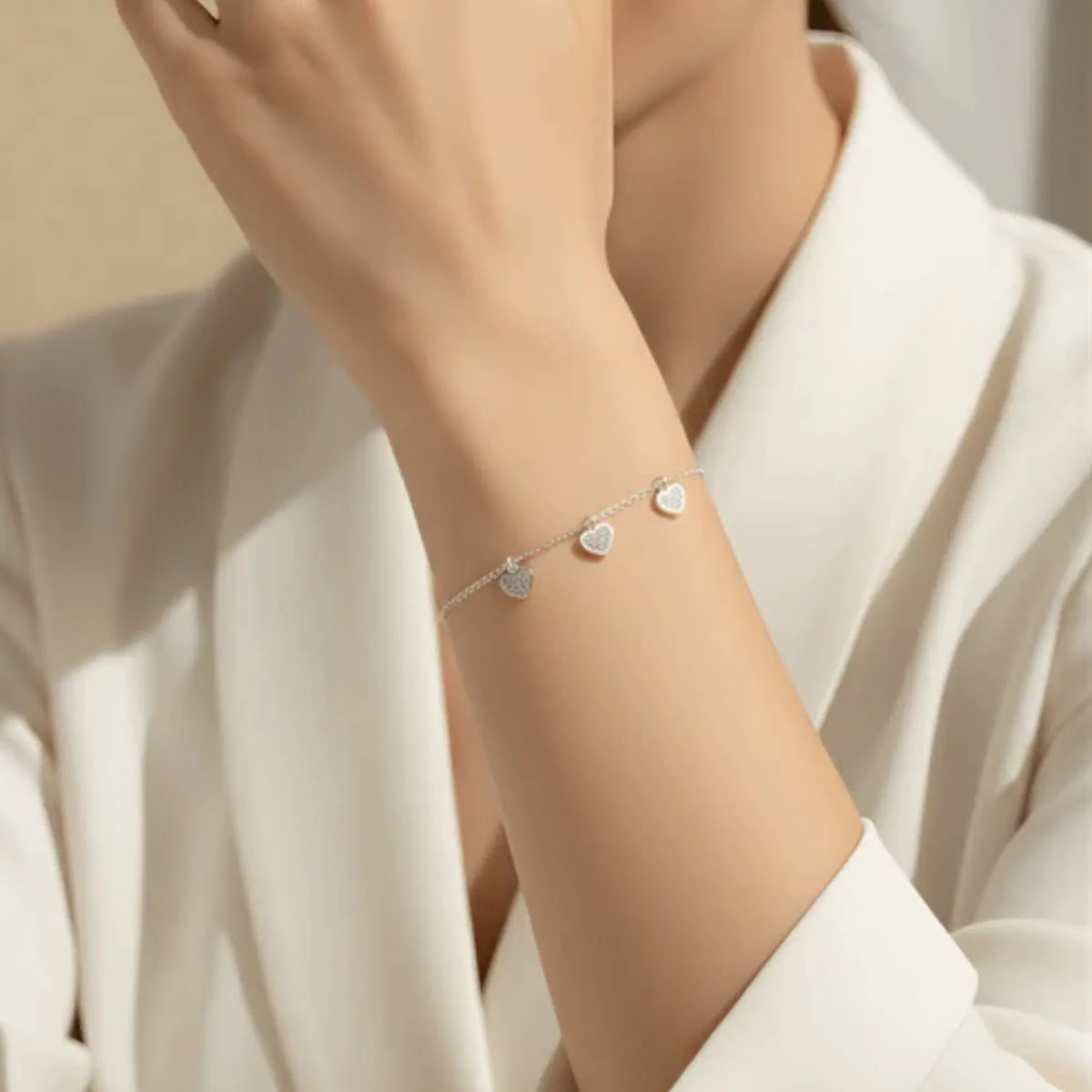 Hulasi S925 Sterling Silver Triple Heart Charm Bracelet Zircon Studded Adjustable 16cm + 3cm