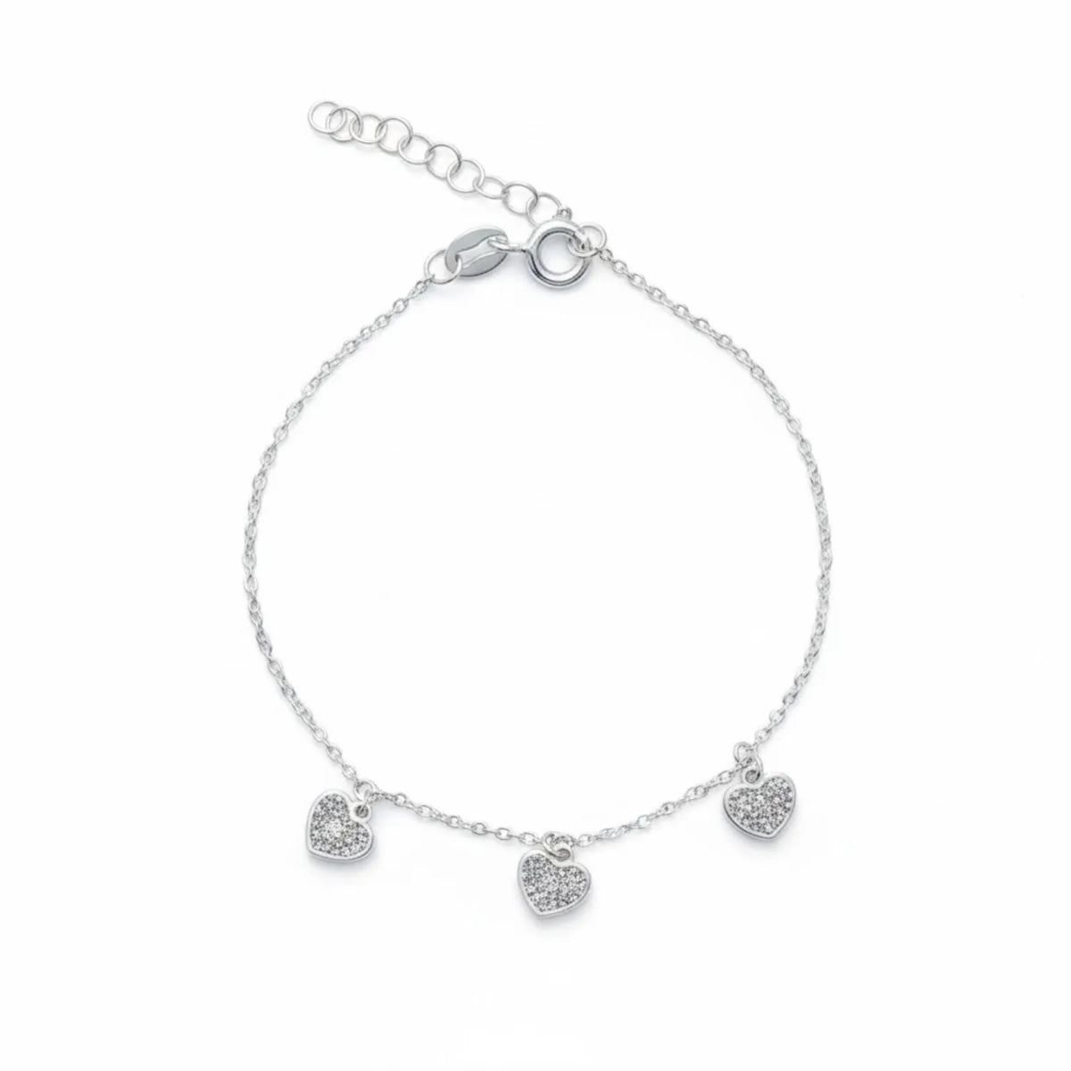 Hulasi S925 Sterling Silver Triple Heart Charm Bracelet Zircon Studded Adjustable 16cm + 3cm