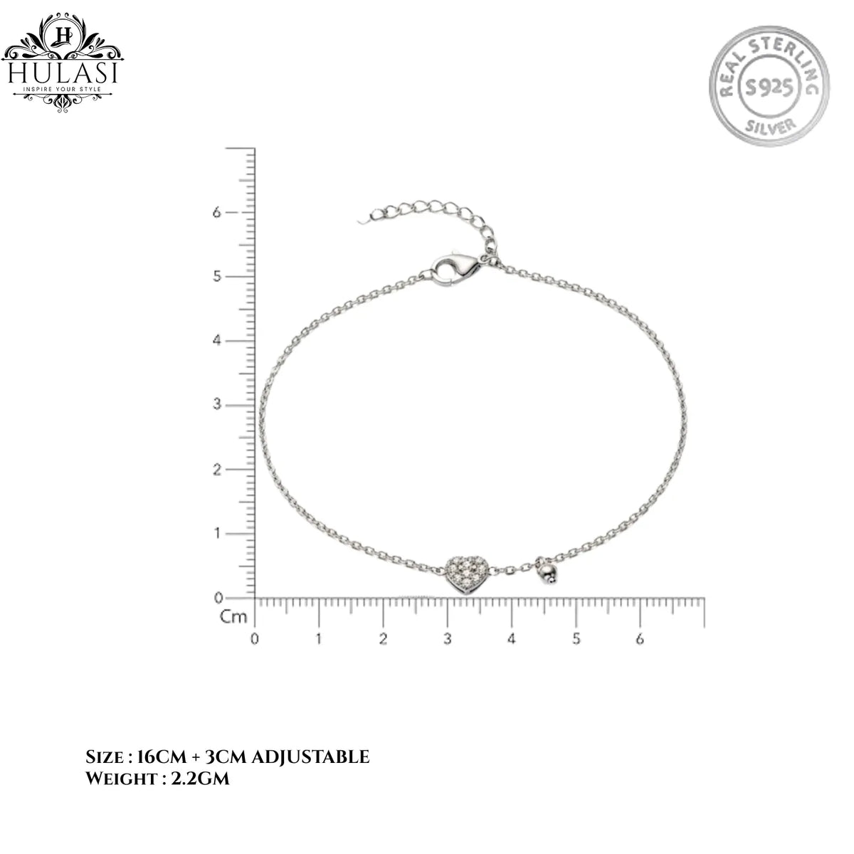 Hulasi S925 Sterling Silver Single Heart Zircon Bracelet Minimal Adjustable 16cm + 3cm