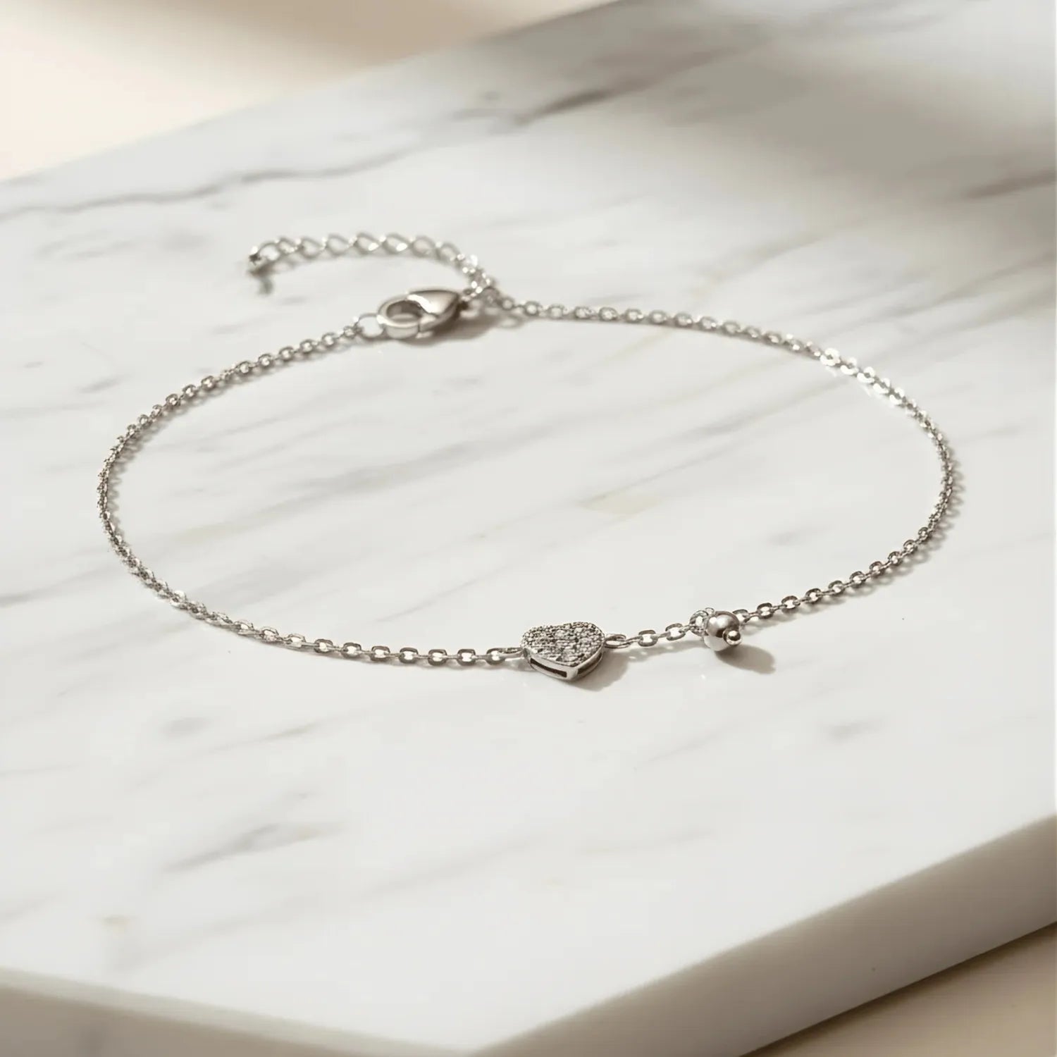 Hulasi Women 925 Sterling Silver Paved Heart And Bead Charm Bracelet Adjustable 16cm