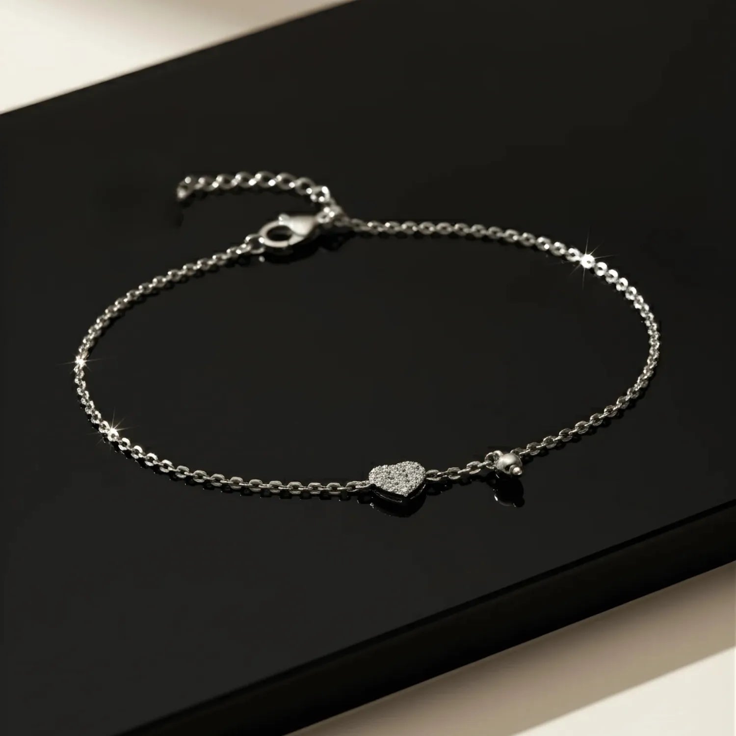 Hulasi Women 925 Sterling Silver Paved Heart And Bead Charm Bracelet Adjustable 16cm