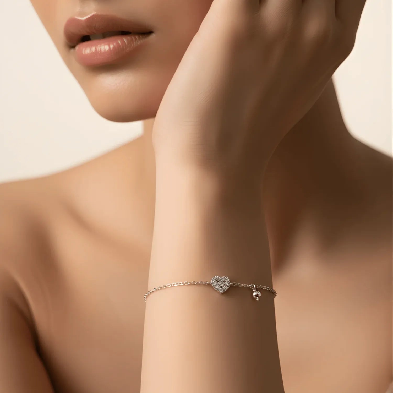 Hulasi Women 925 Sterling Silver Paved Heart And Bead Charm Bracelet Adjustable 16cm