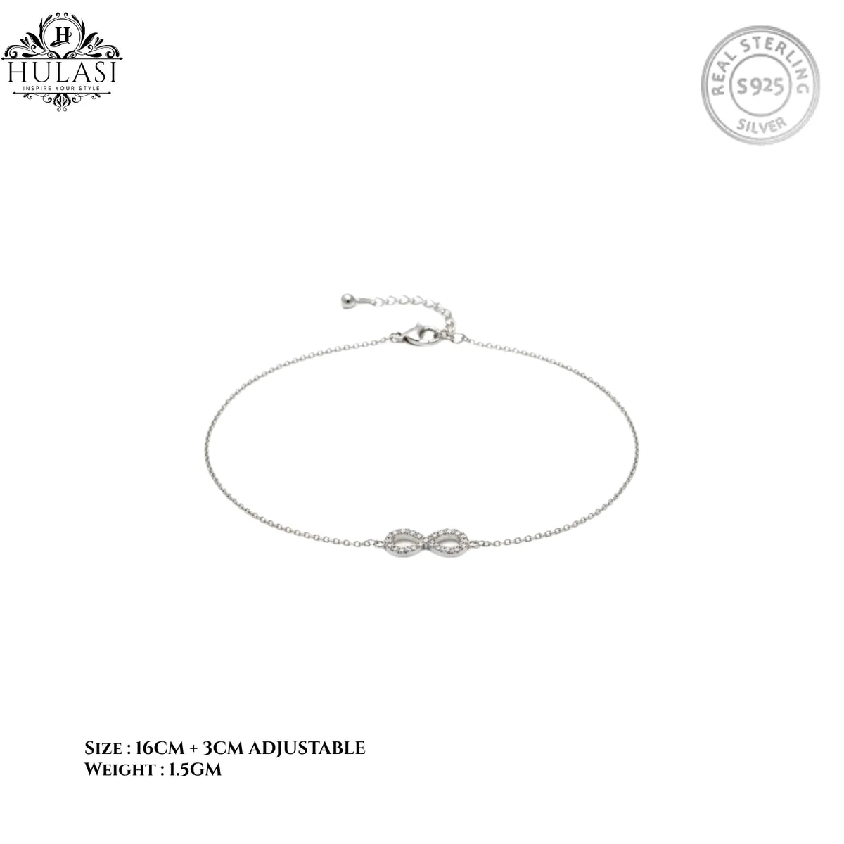 Hulasi S925 Sterling Silver Infinity Loop Bracelet With Zircon Detailing Adjustable 16cm + 3cm