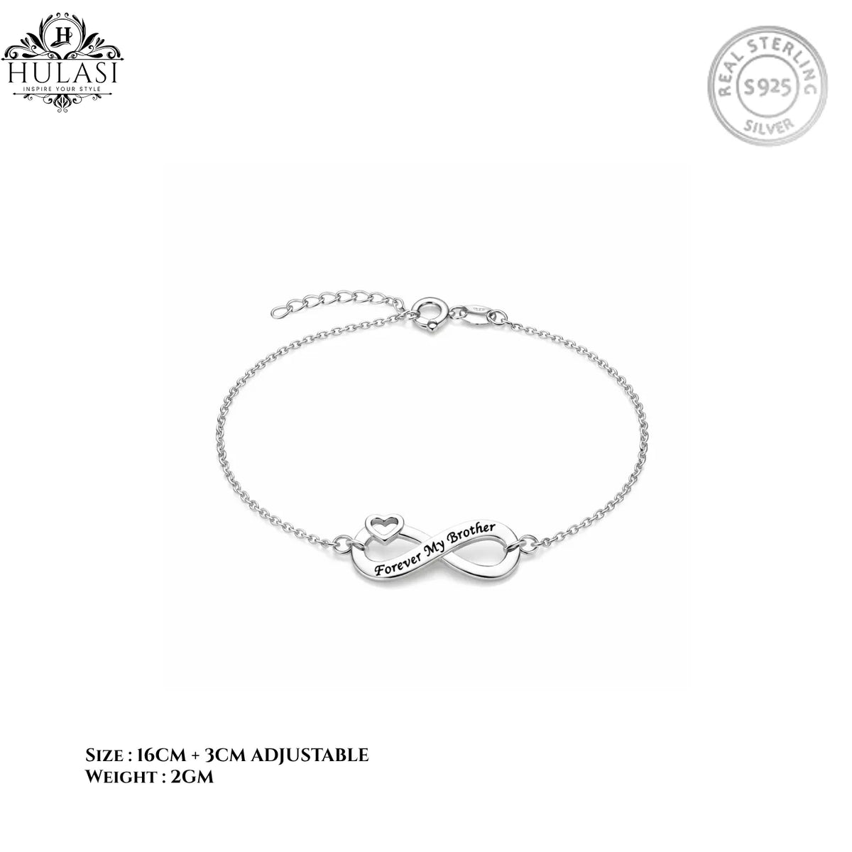 Hulasi S925 Sterling Silver Forever My Brother Engraved Infinity Bracelet Adjustable 16cm + 3cm