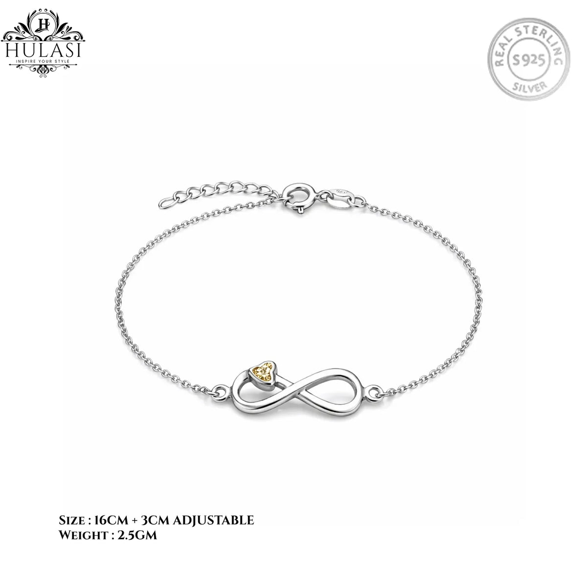 Hulasi S925 Sterling Silver Infinity Heart Bracelet With Zircon Stone Adjustable 16cm + 3cm