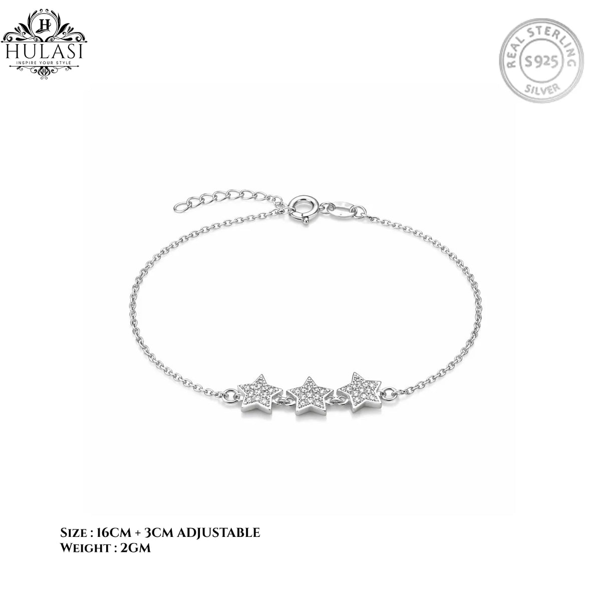 Hulasi S925 Sterling Silver Triple Star Zircon Bracelet Minimal Design Adjustable 16cm + 3cm