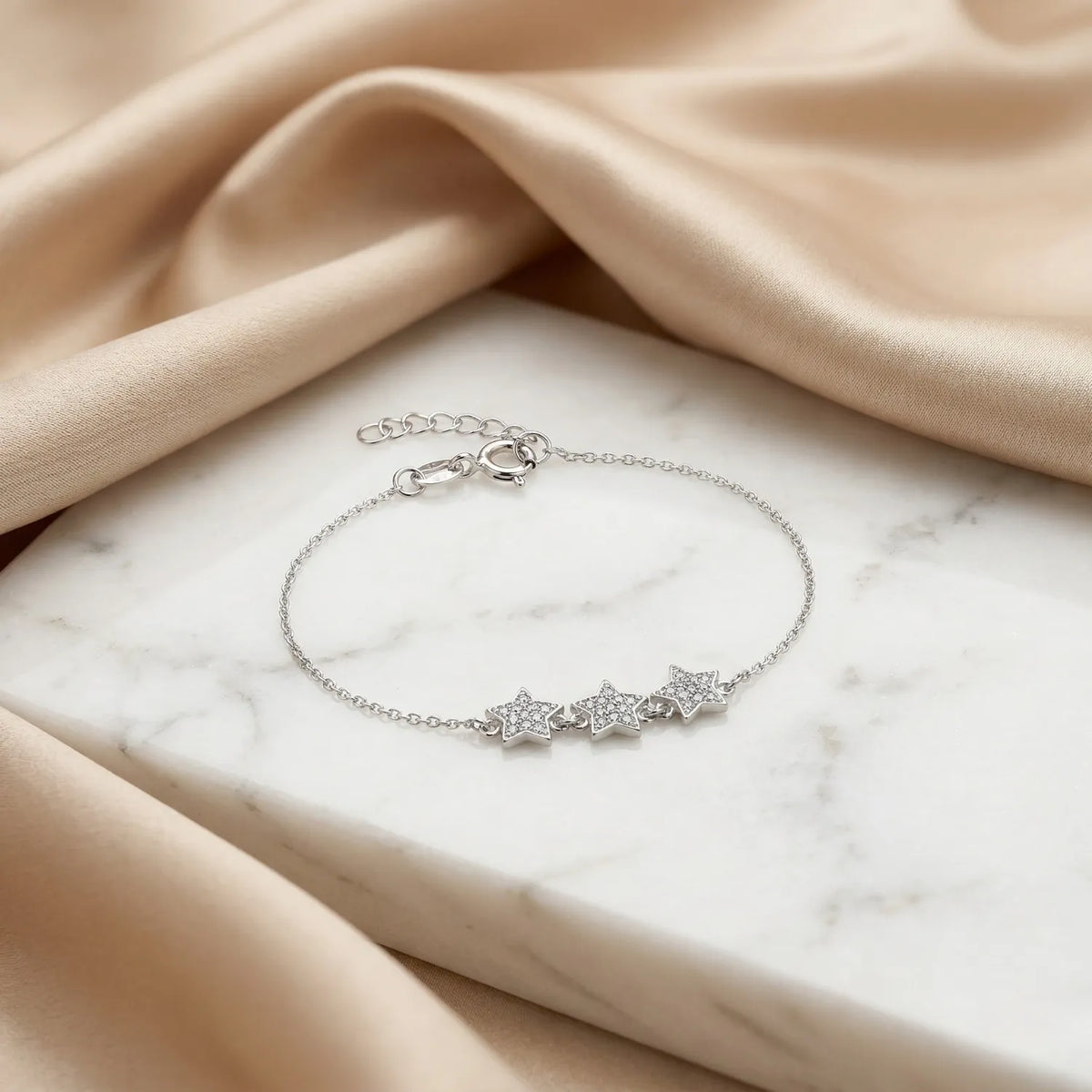 Hulasi S925 Sterling Silver Triple Star Zircon Bracelet Minimal Design Adjustable 16cm + 3cm