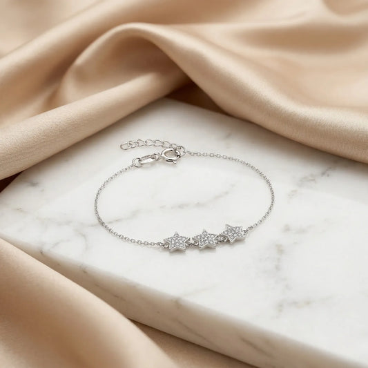 Hulasi S925 Sterling Silver Triple Star Zircon Bracelet Minimal Design Adjustable 16cm + 3cm