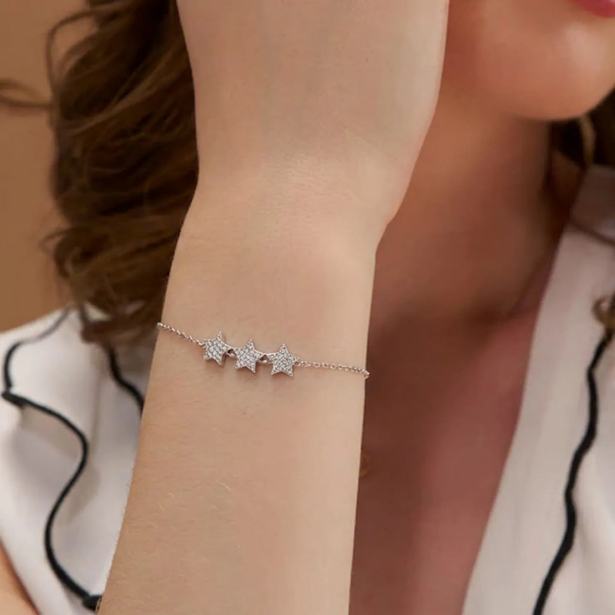 Hulasi S925 Sterling Silver Triple Star Zircon Bracelet Minimal Design Adjustable 16cm + 3cm