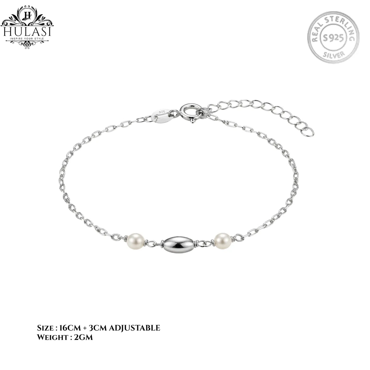 Hulasi S925 Sterling Silver Pearl Accent Bracelet With Minimal Chain Adjustable 16cm + 3cm
