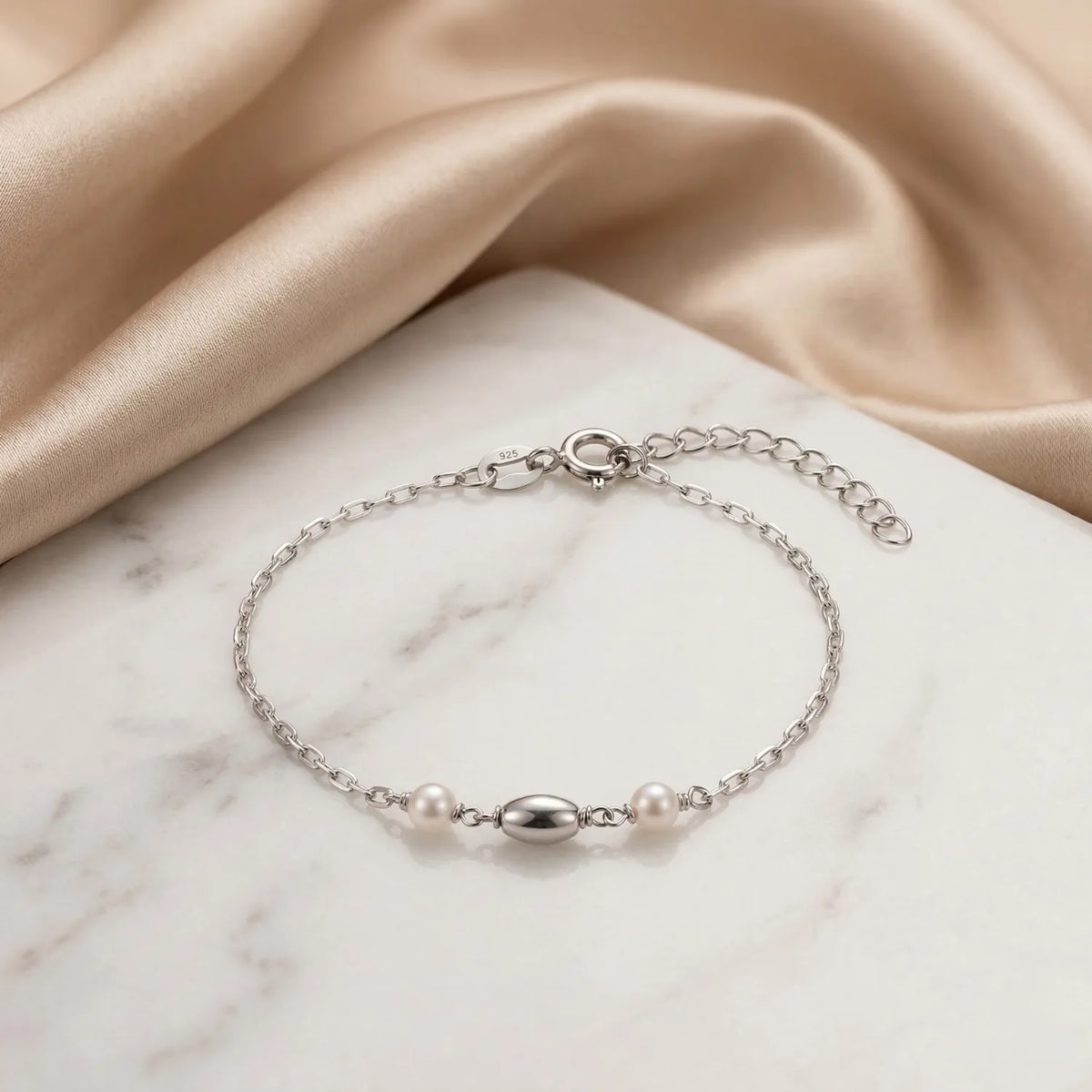 Hulasi S925 Sterling Silver Pearl Accent Bracelet With Minimal Chain Adjustable 16cm + 3cm