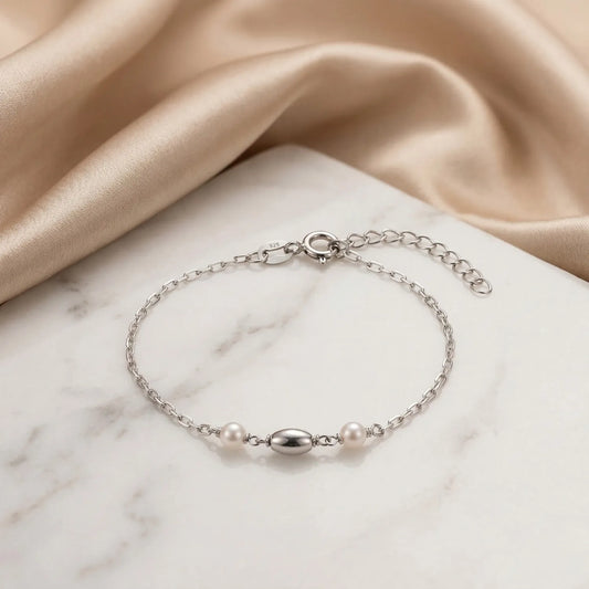 Hulasi S925 Sterling Silver Pearl Accent Bracelet With Minimal Chain Adjustable 16cm + 3cm
