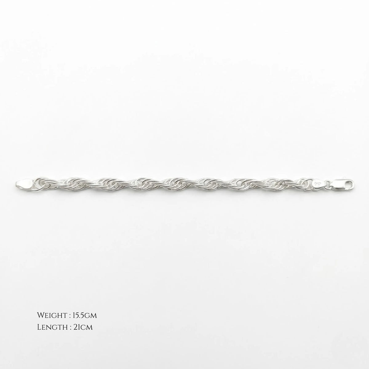 Hulasi Unisex Sterling Silver Twisted Rope Chain Bracelet 21cm