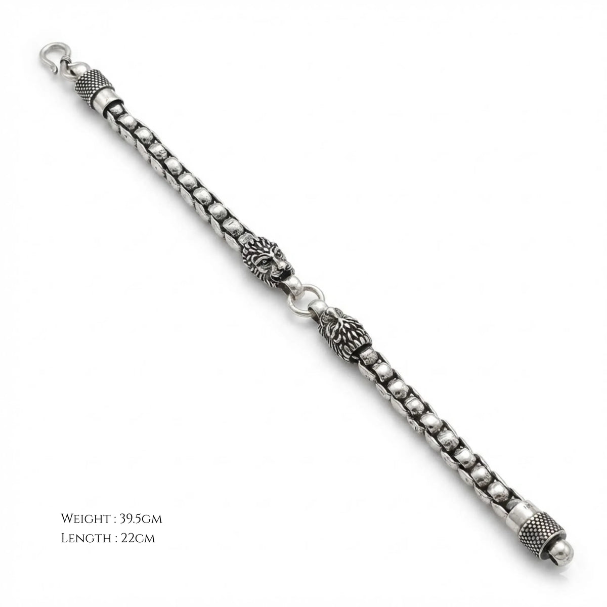 Hulasi Men's Sterling Silver Oxidized Lion Head Beaded Bracelet 22cm