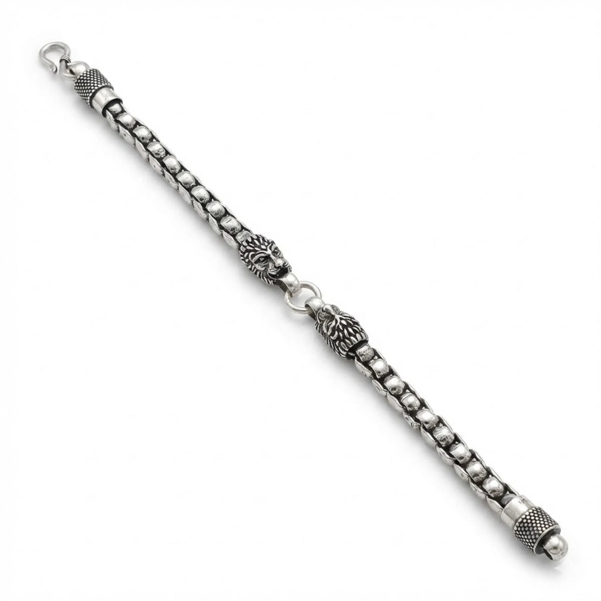 Hulasi Men's Sterling Silver Oxidized Lion Head Beaded Bracelet 22cm