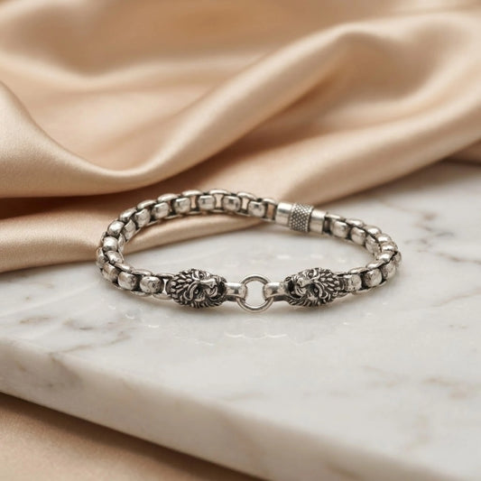 Hulasi Men's Sterling Silver Oxidized Lion Head Beaded Bracelet 22cm