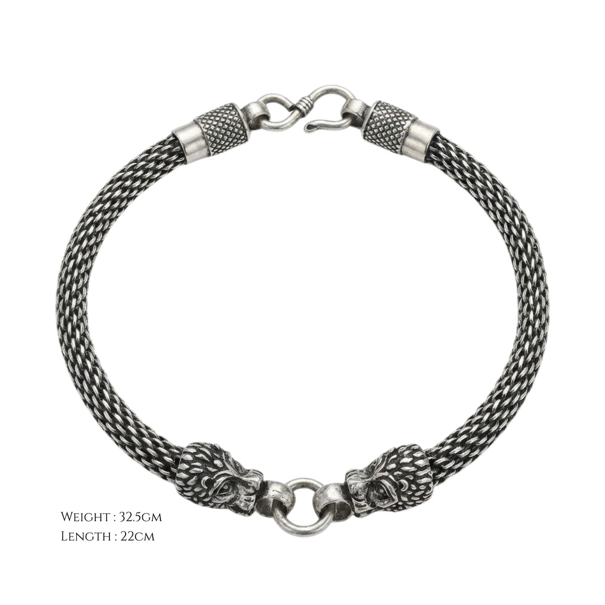 Hulasi Men's Sterling Silver Dual Lion Head Woven Bracelet 22cm