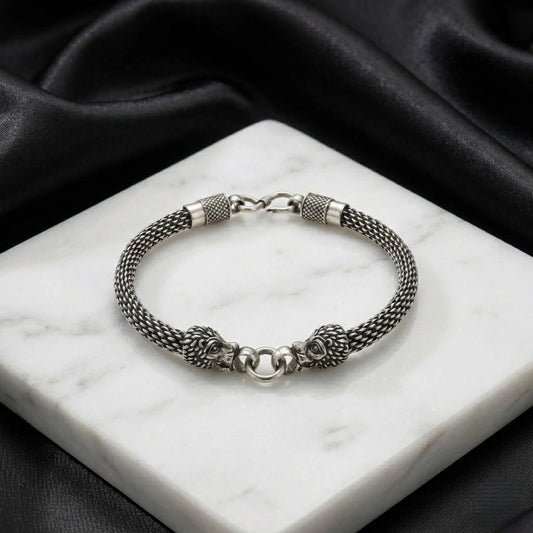 Hulasi Men's Sterling Silver Dual Lion Head Woven Bracelet 22cm