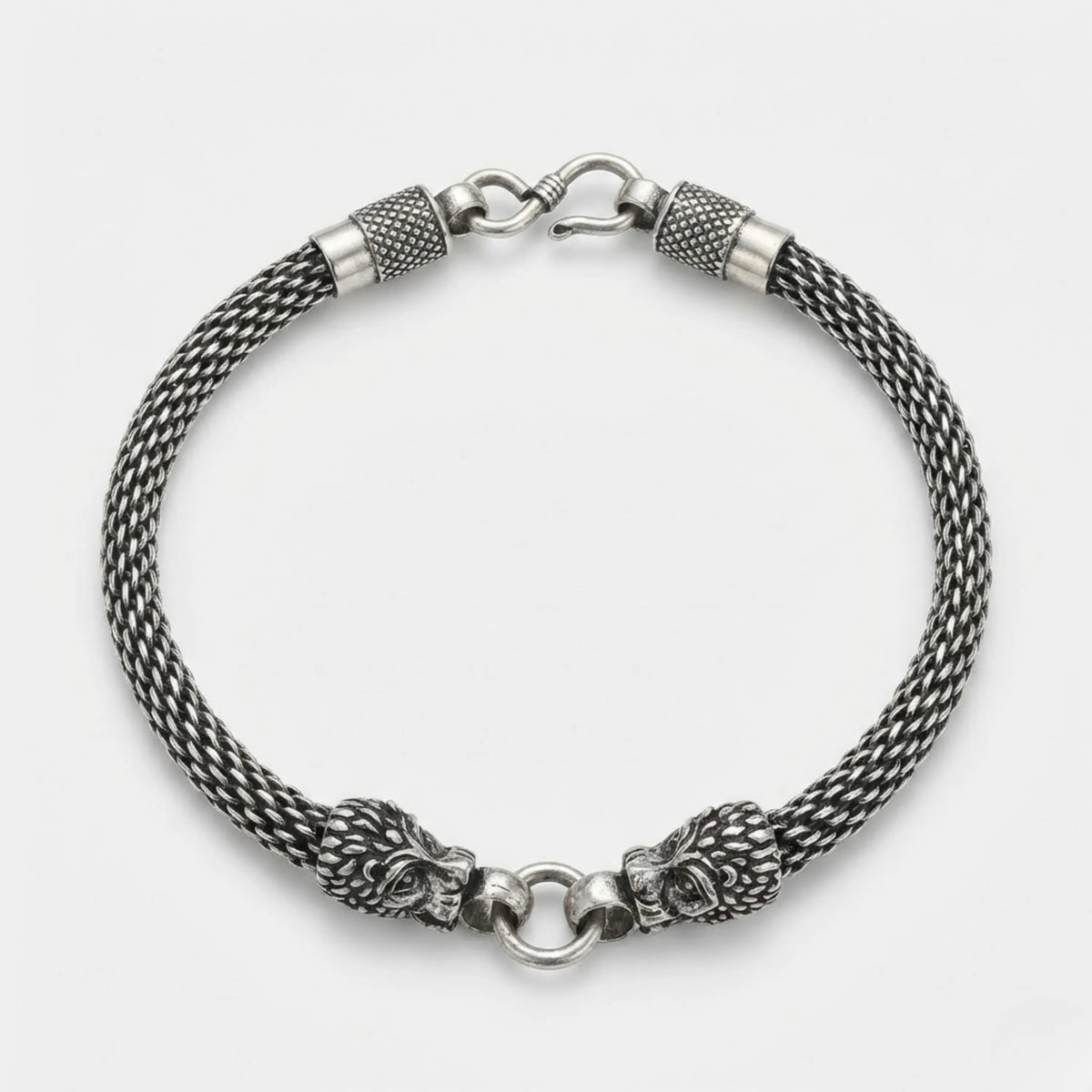 Hulasi Men's Sterling Silver Dual Lion Head Woven Bracelet 22cm