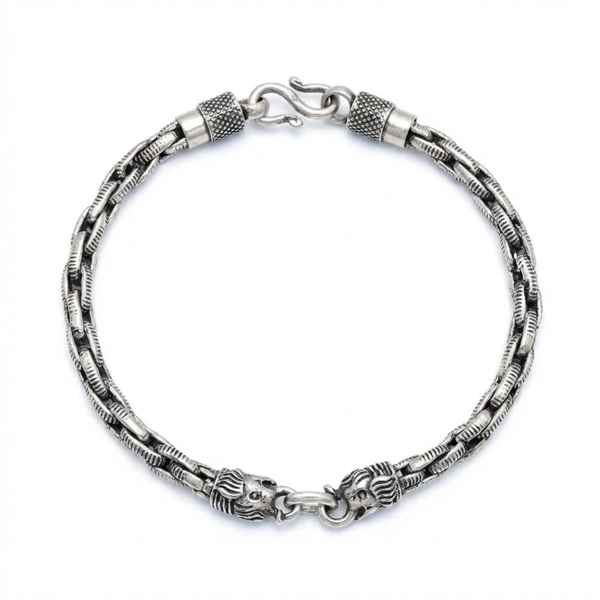 Hulasi Men's Sterling Silver Royal Dual Lion Mesh Bracelet 22cm