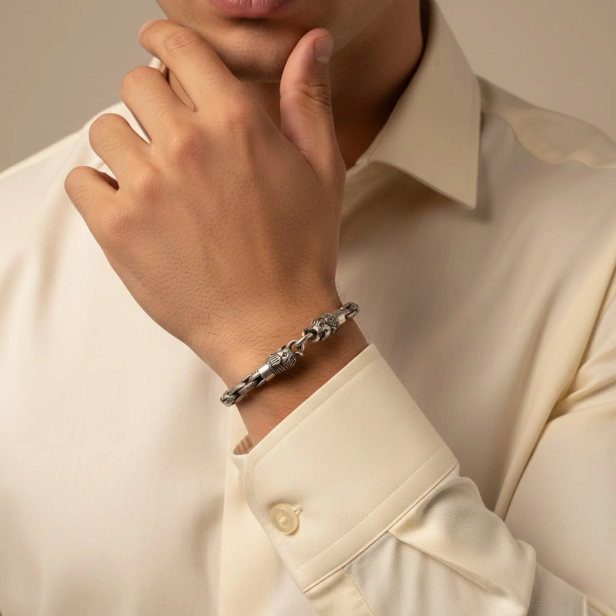 Hulasi Men's Sterling Silver Royal Dual Lion Mesh Bracelet 22cm