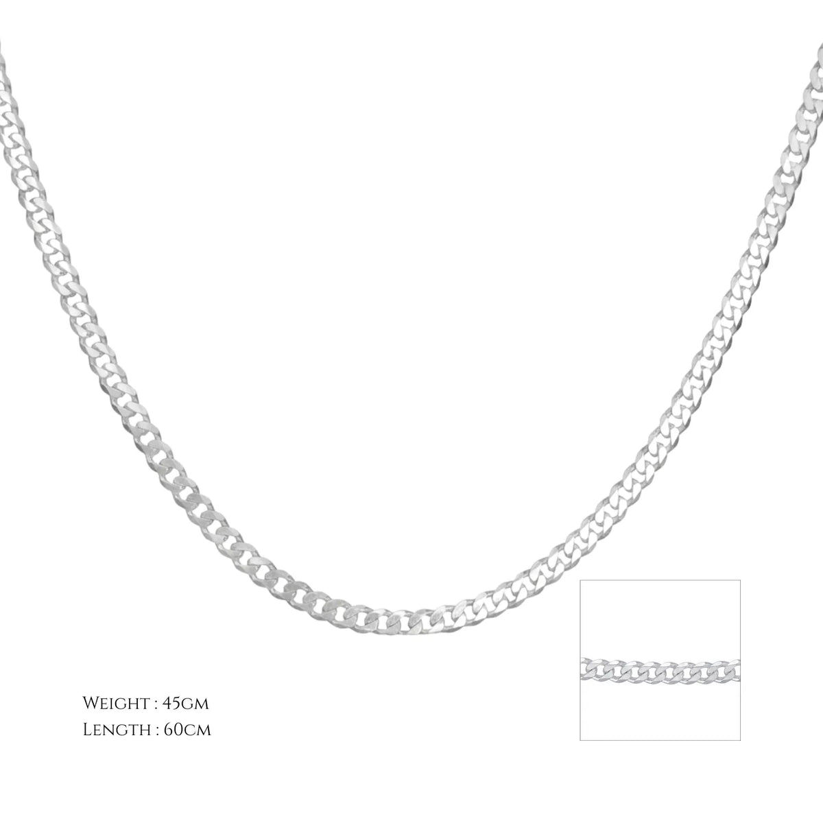 Hulasi Premium Sterling Silver Thick Cuban Curb Chain Necklace For Men 60cm