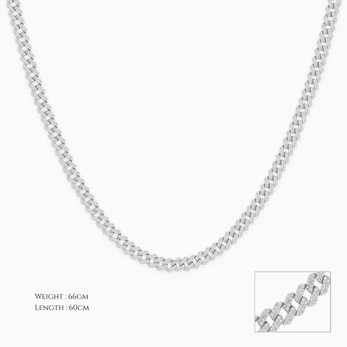 Hulasi Heavy Sterling Silver Diamond Cut Textured Pave Cuban Chain Necklace 60cm