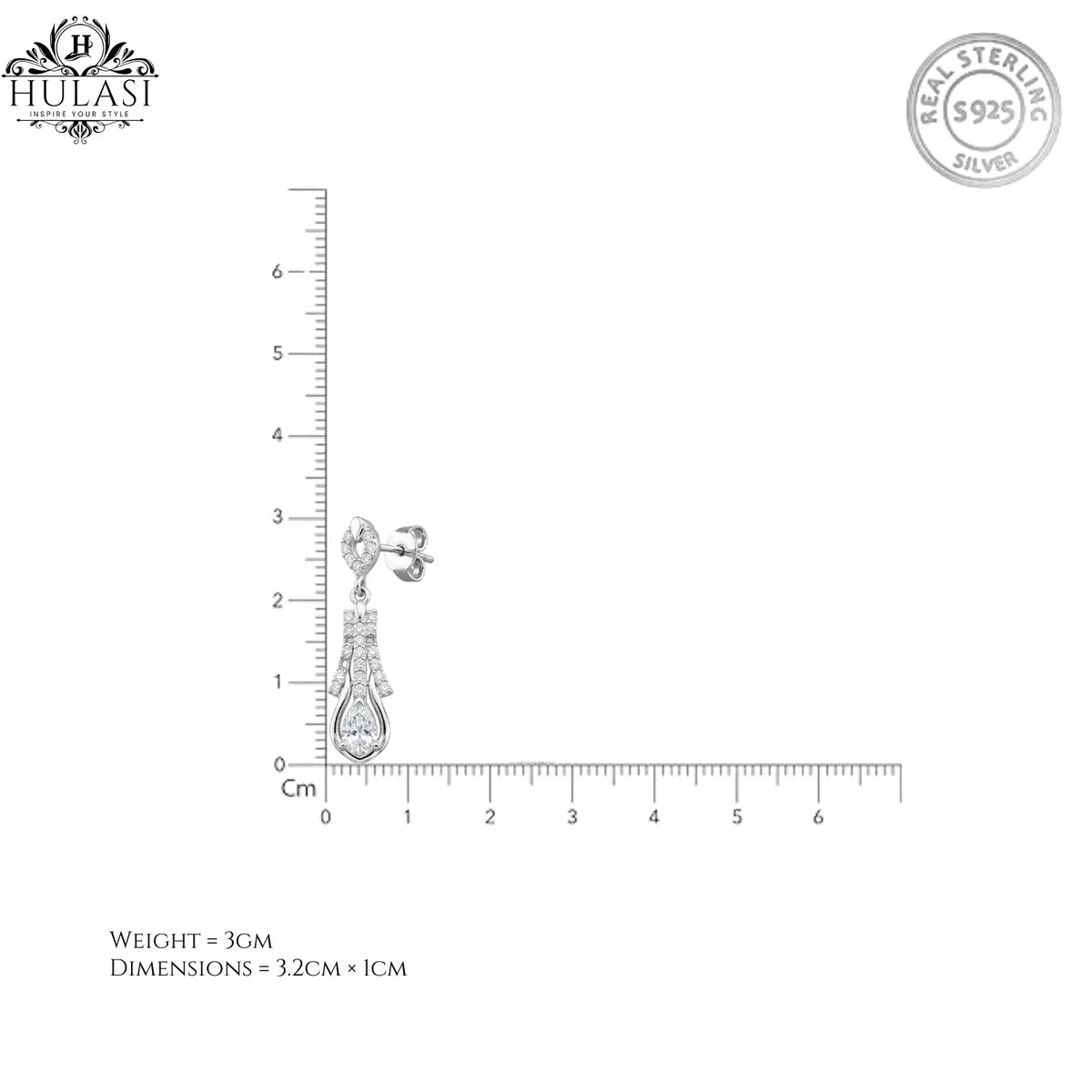 Hulasi Women 925 Sterling Silver Clear CZ Geometric Drop Earrings Pear Dangle Design 3.2 CM x 1 CM