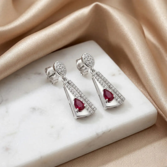 Hulasi Women 925 Sterling Silver Red Stone Geometric Drop Earrings Tapered Dangle Design 3 CM x 1.2 CM