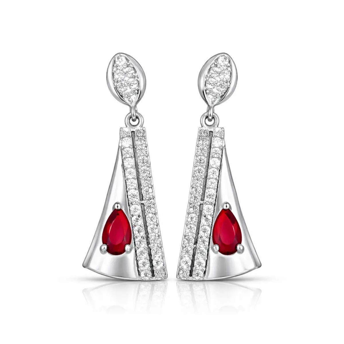 Hulasi Women 925 Sterling Silver Red Stone Geometric Drop Earrings Tapered Dangle Design 3 CM x 1.2 CM