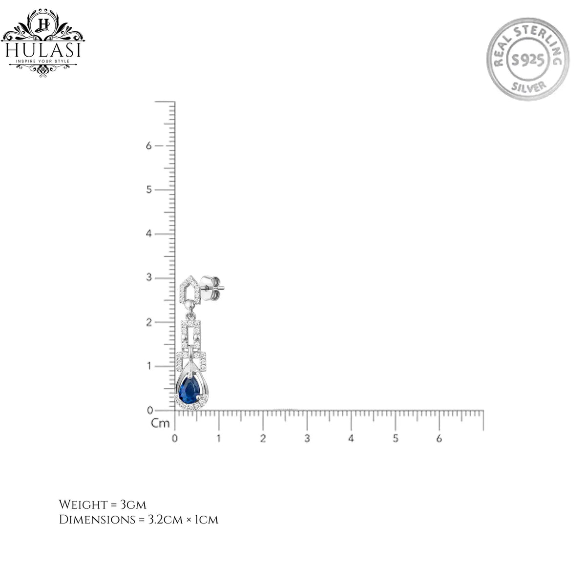 Hulasi Women 925 Sterling Silver Blue Stone Geometric Drop Earrings Pear Dangle Design 3.2 CM x 1 CM
