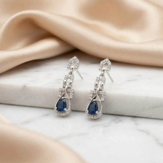 Hulasi Women 925 Sterling Silver Blue Stone Geometric Drop Earrings Pear Dangle Design 3.2 CM x 1 CM