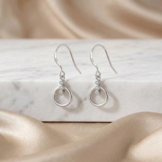Hulasi Women 925 Sterling Silver Minimal Circle Drop Earrings Clear Stone Accent 3 CM x 1 CM