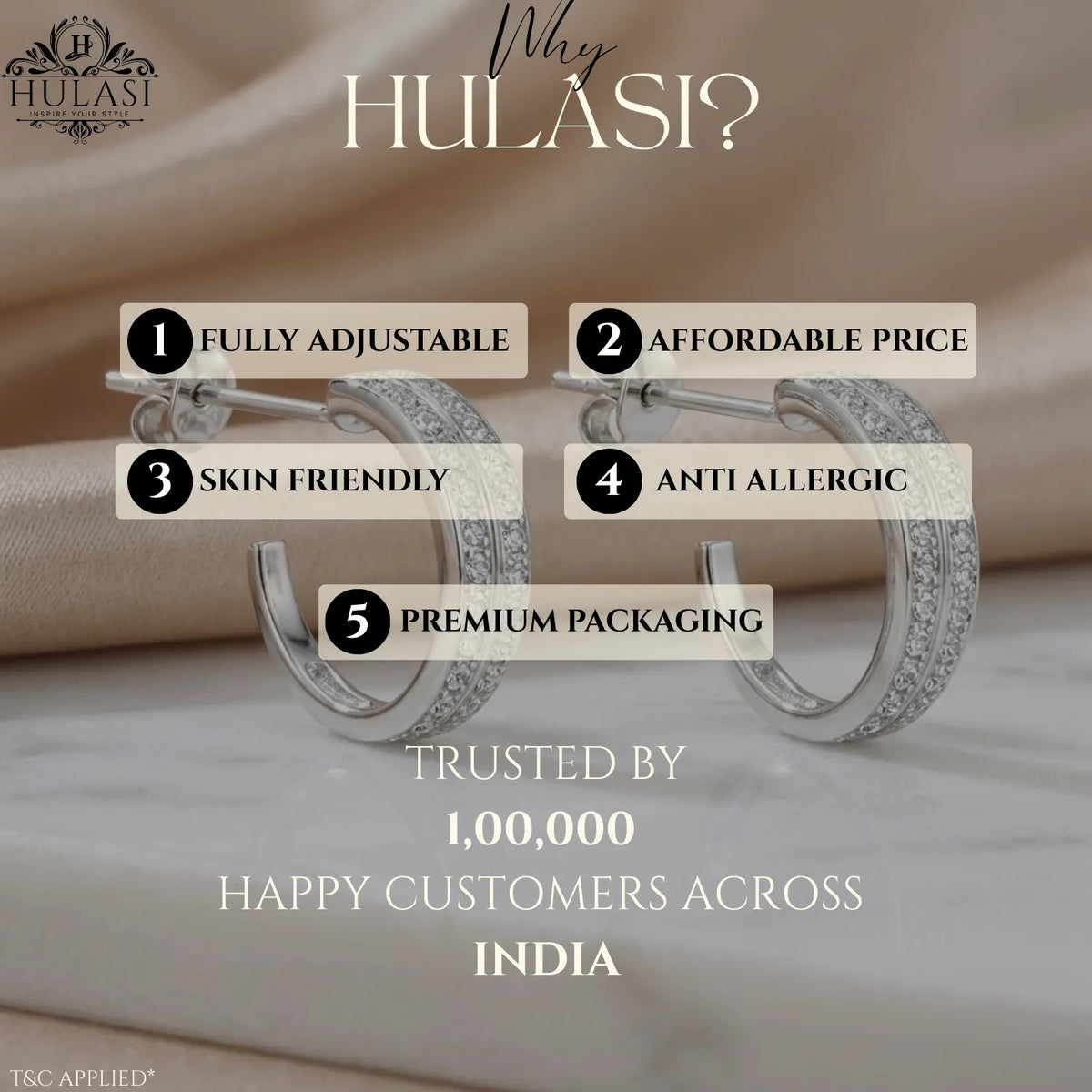 Hulasi Women 925 Sterling Silver Pave Open Hoop Earrings Studded C-Hoop Design 2.2 CM x 1.8 CM