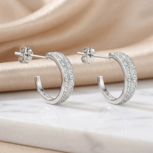 Hulasi Women 925 Sterling Silver Pave Open Hoop Earrings Studded C-Hoop Design 2.2 CM x 1.8 CM