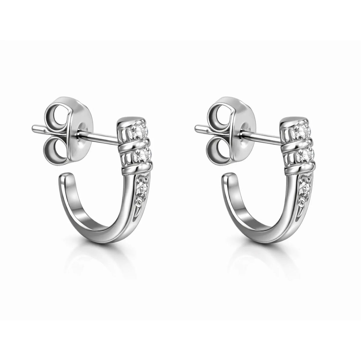Hulasi Women 925 Sterling Silver Pave Curved Hoop Earrings Open Stud Design 1.6 CM x 1.2 CM
