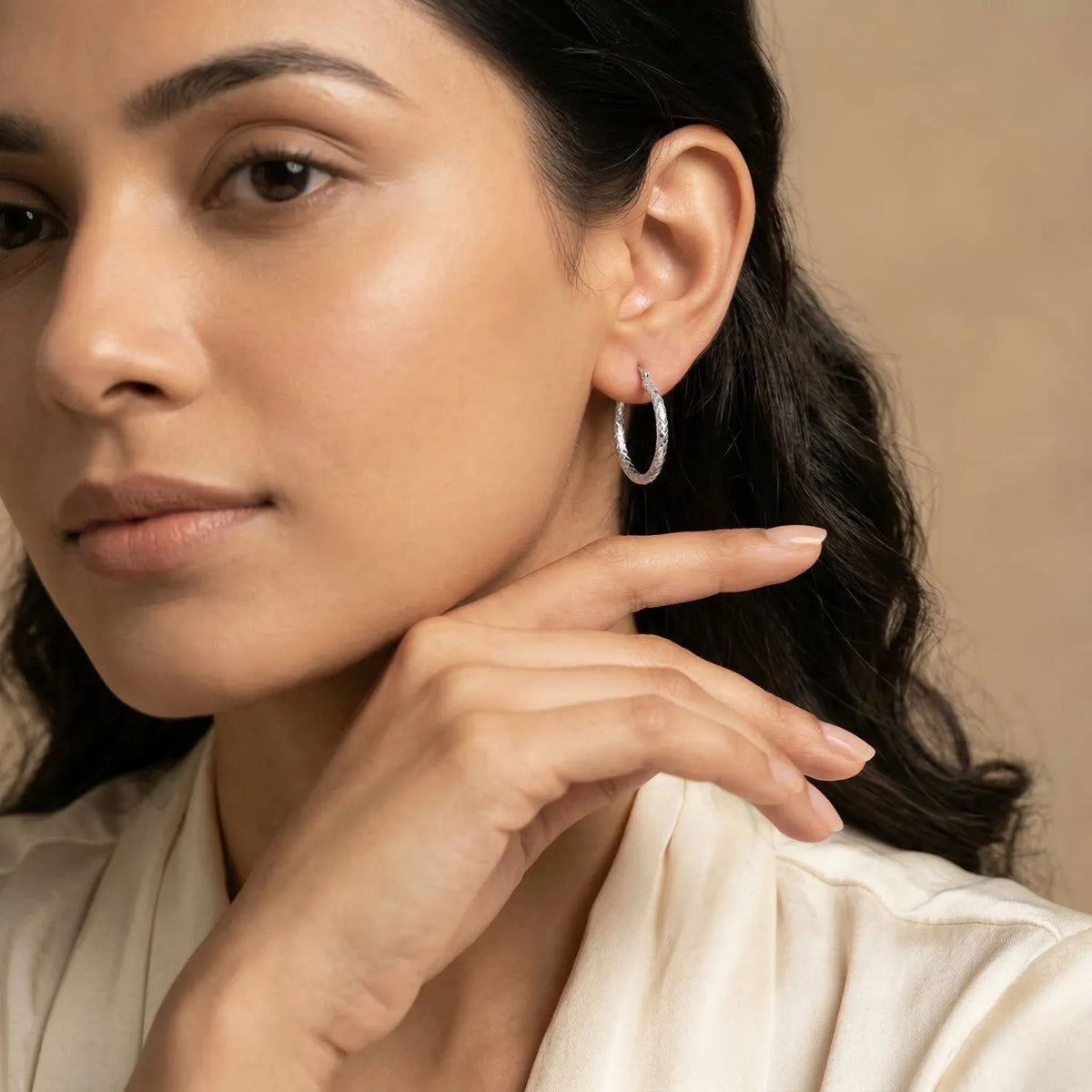 Hulasi Women 925 Sterling Silver Diamond-Cut Round Hoop Earrings Classic Textured Design 2.2 CM