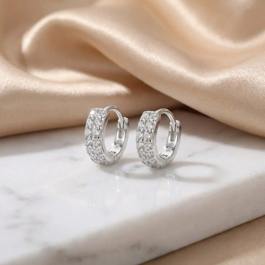 Hulasi Women 925 Sterling Silver 10 MM Multi-Row CZ Huggie Hoop Earrings Pave Finish