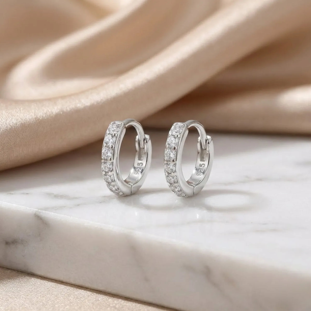 Hulasi Women 925 Sterling Silver 10 MM Slim CZ Huggie Hoop Earrings Pave Surface Finish