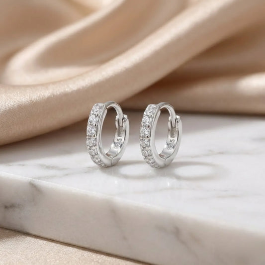 Hulasi Women 925 Sterling Silver 10 MM Slim CZ Huggie Hoop Earrings Pave Surface Finish