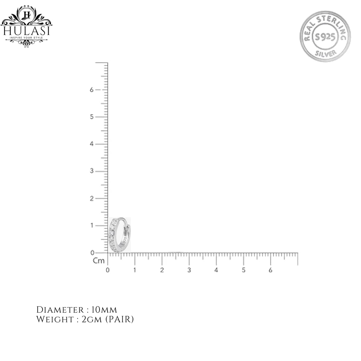 Hulasi Women 925 Sterling Silver 10 MM Slim CZ Huggie Hoop Earrings Pave Surface Finish