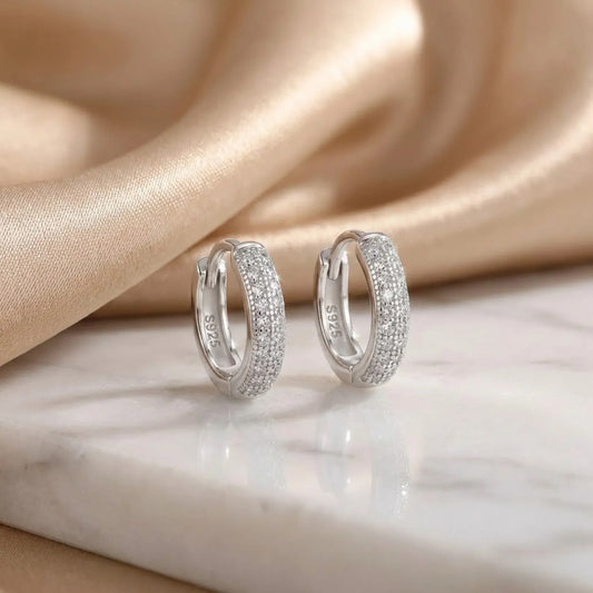 Hulasi Women 925 Sterling Silver 15 MM Wide CZ Huggie Hoop Earrings Pave Finish