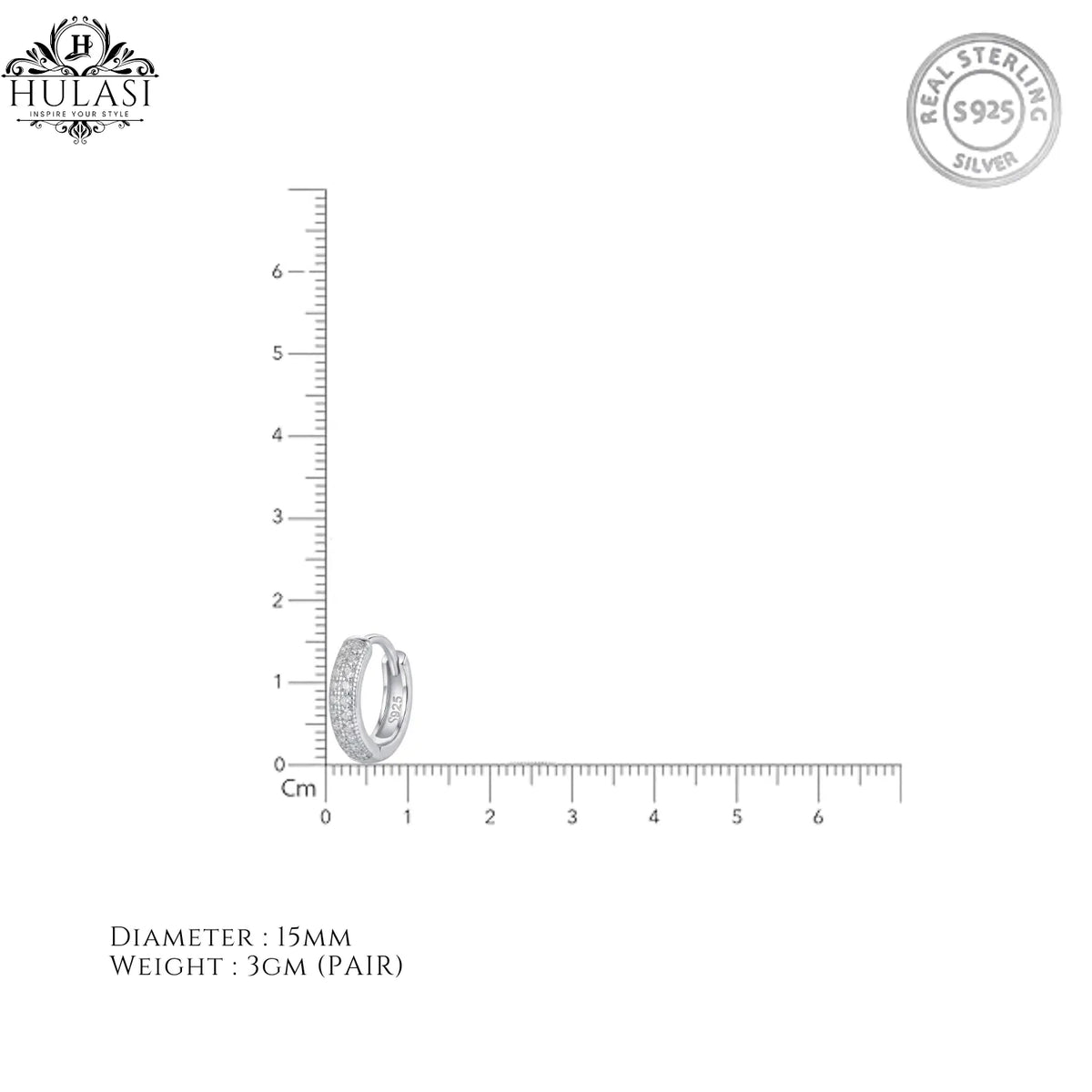 Hulasi Women 925 Sterling Silver 15 MM Wide CZ Huggie Hoop Earrings Pave Finish