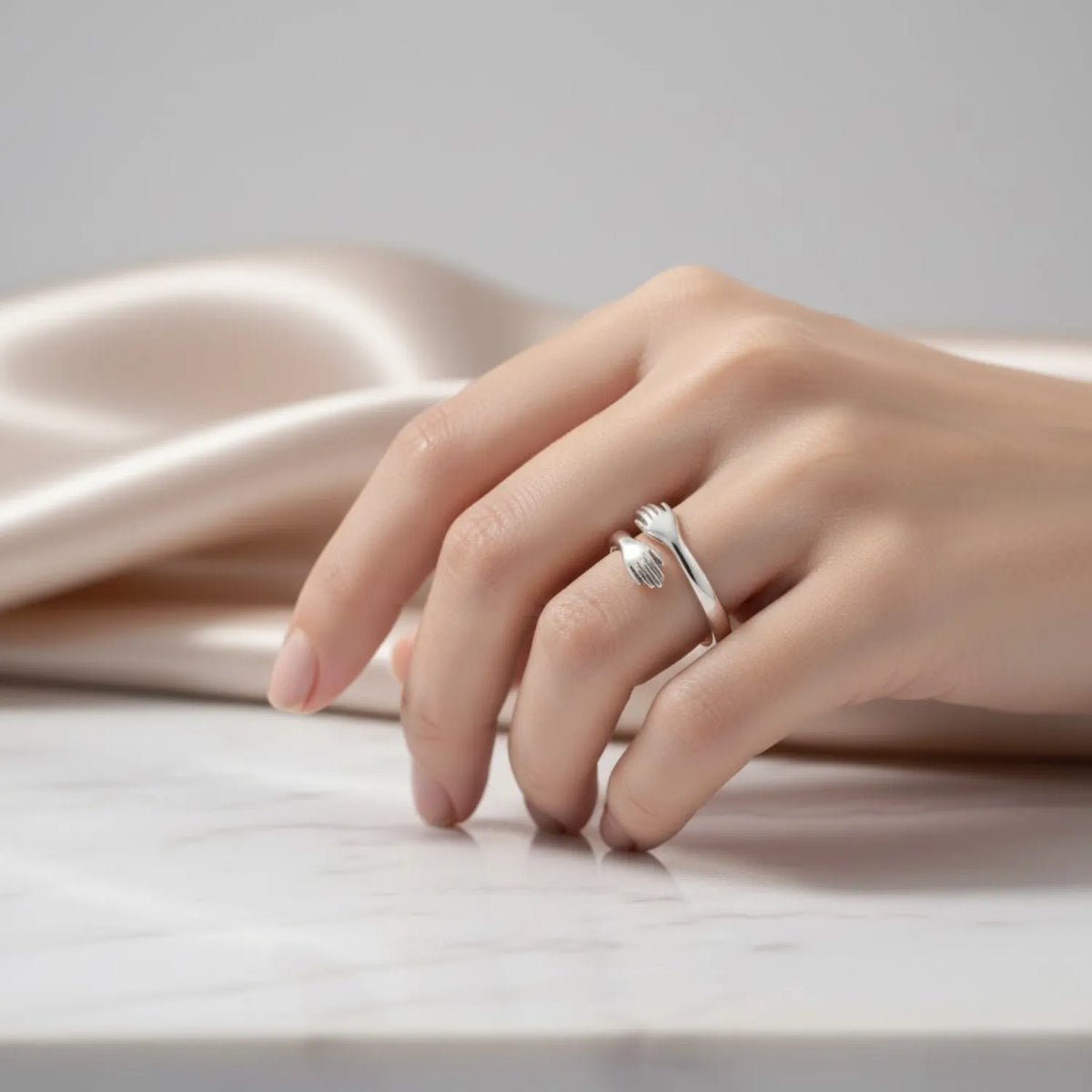 Hulasi 925 Sterling Silver Hugging Hands Open Adjustable Ring For Women Men