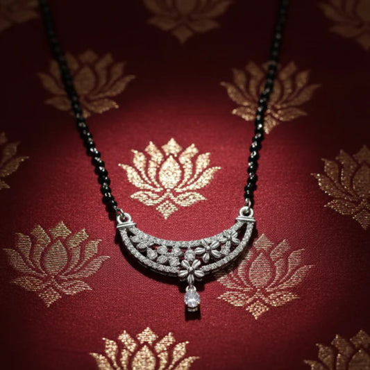 Elegant CZ Curved Floral Mangal Sutra Pendant – 925 Silver