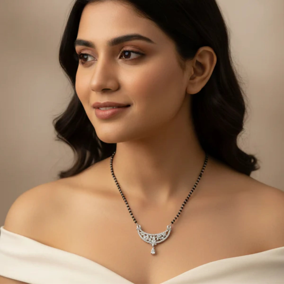 Elegant CZ Curved Floral Mangal Sutra Pendant – 925 Silver