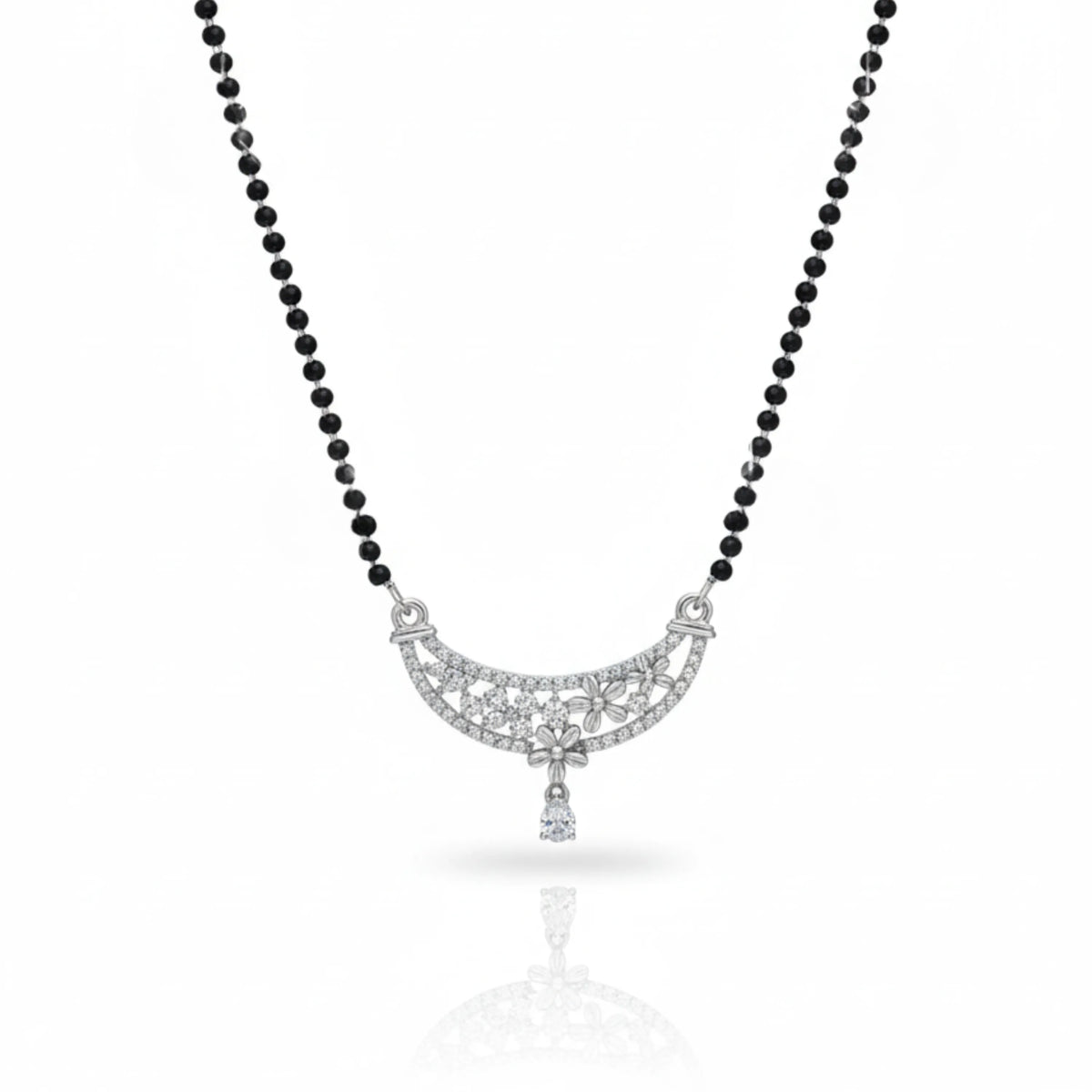Elegant CZ Curved Floral Mangal Sutra Pendant – 925 Silver