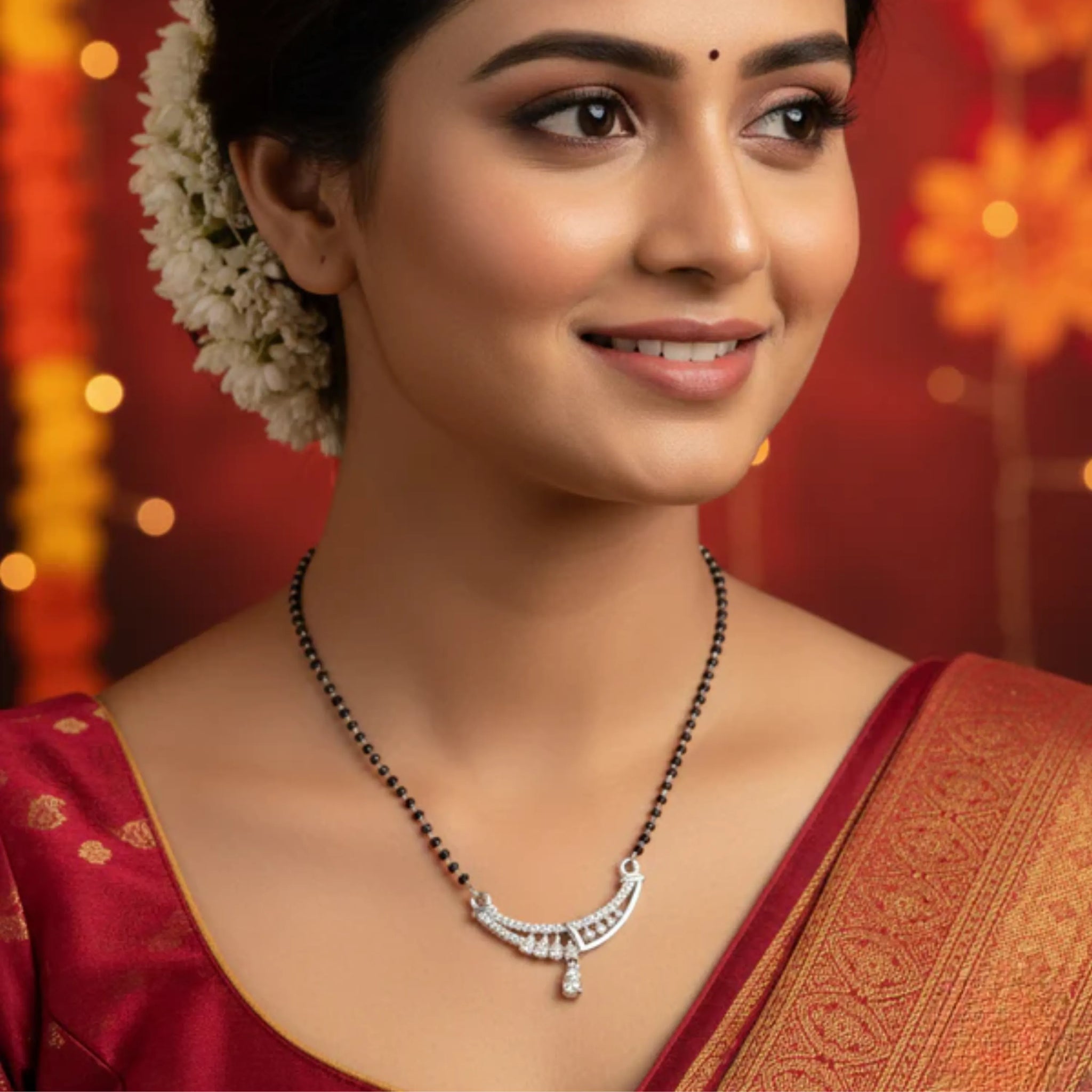 Triple Drop Curve CZ Bridal Mangal Sutra Pendant