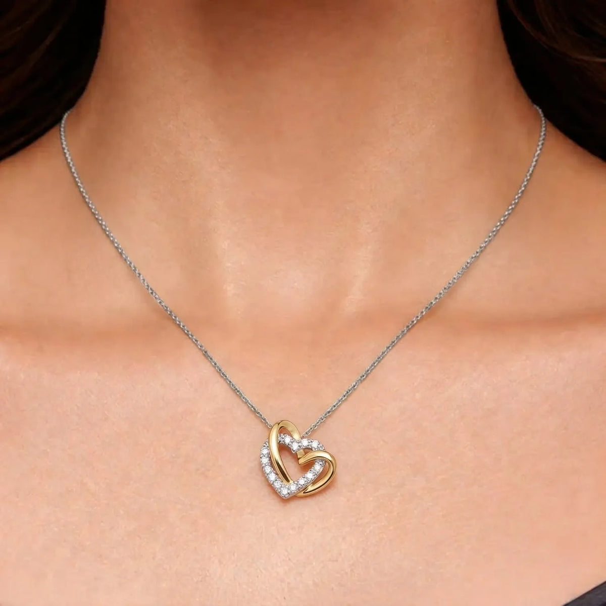 Hulasi 925 Sterling Silver Two Tone Interlocking Heart Pendant For Women & Girls | CZ Design | 1.5 Cm