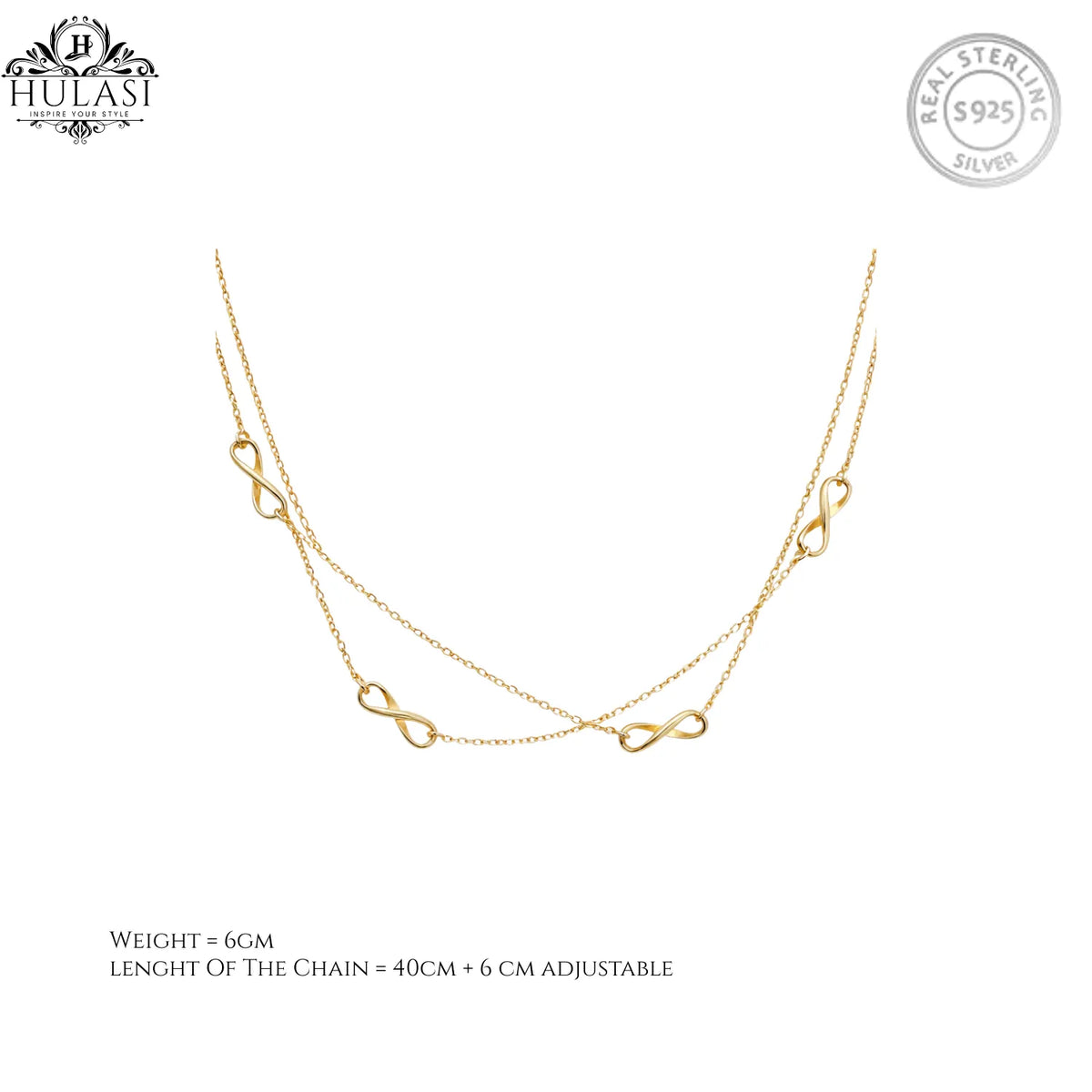 Hulasi 925 Sterling Silver Infinity Chain Necklace For Women & Girls | Gold Finish | 40 Cm